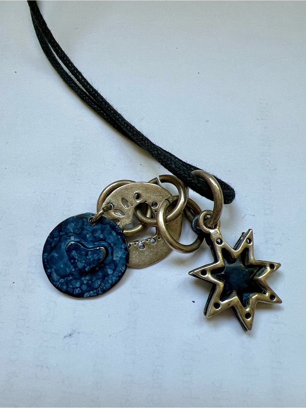 Boho Star & Disc Charm Necklace in Black and Antiqued Gold